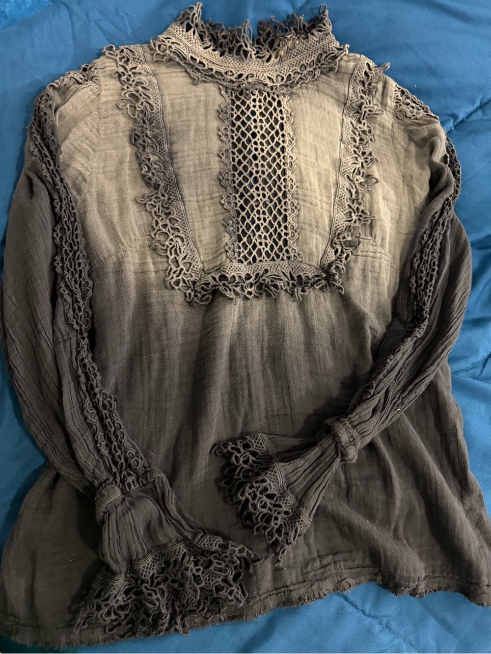 Free People Charcoal Gray Crochet Lace High-Neck Blouse